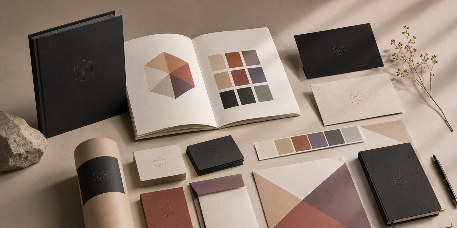 A hardcover brand manual open at a colour study, beside embossed envelopes, business cards, a mailing tube, and a palette strip.
