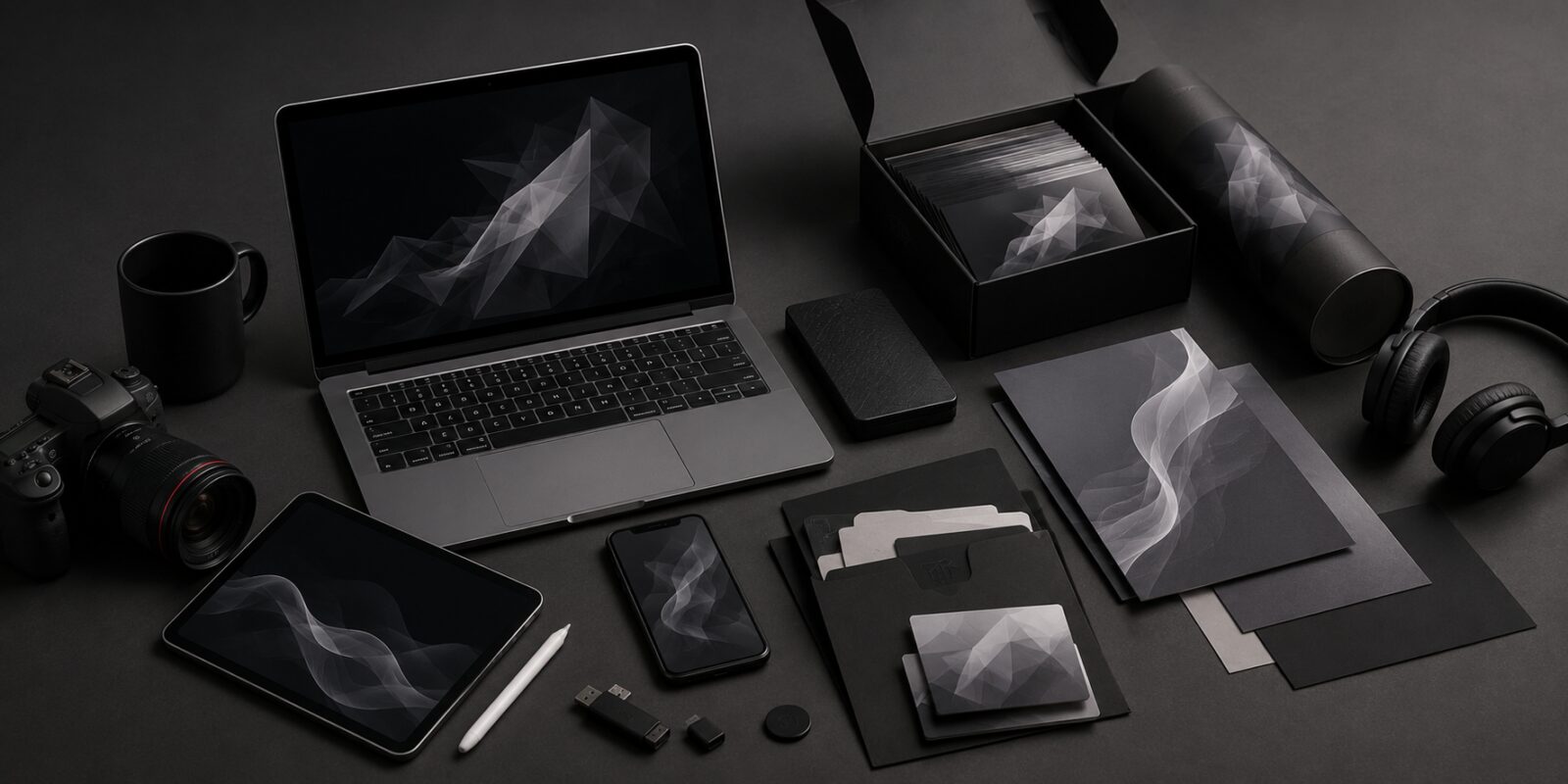 A dark studio desk holding a laptop, tablet, phone, camera, and headphones alongside a print box, mailing tube, and folders, all showing the same artwork.