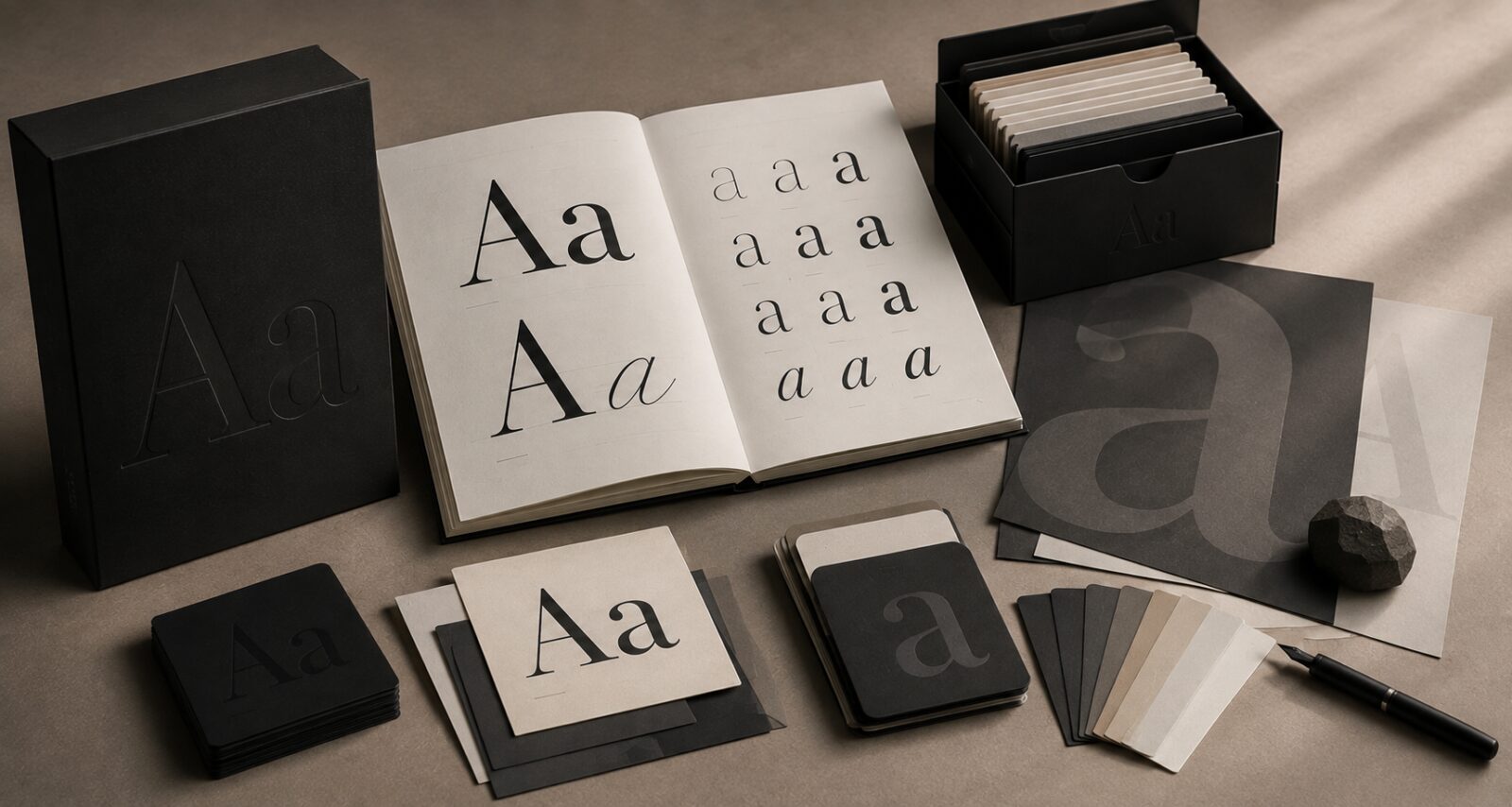 A type specimen book open at a serif alphabet, with weight studies, a slipcase, printed cards, and paper swatches arranged around it.