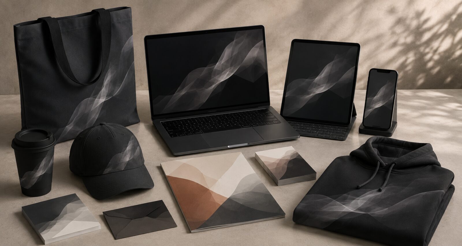 Mockups of a laptop, tablet, and phone beside a tote bag, cap, hoodie, cup, envelope, and brochure, all carrying the same artwork.