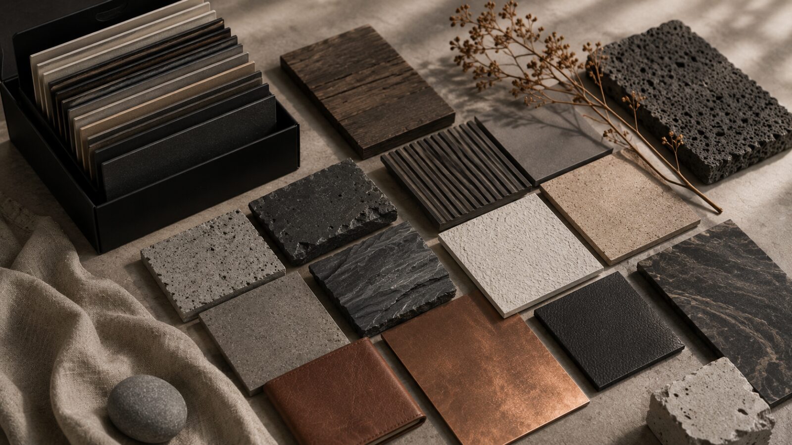 Squares of stone, concrete, wood, slate, leather, copper, and marble laid out beside a sample box and folded linen.